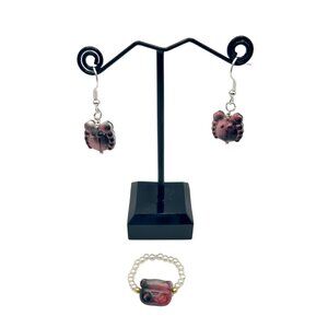 Glass Bear Head Elastic Ring & Glass Crab Earrings Set